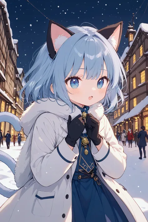  top quality,   Masterpiece  ,  high definition , 8k,｛  1 girl , the little character , Photograin ,  Burberry check muffler , Woolen gloves,  duffle coat ,（Cat ears, Cat tail）, My breath is white due to the cold ｝,  putting both hands on his mouth,  The b...