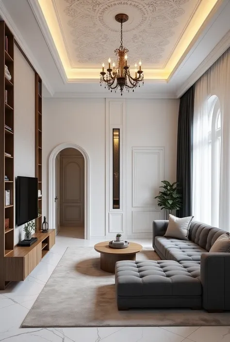 A modern living room measuring 5.4m by 4.3m with white walls, black curtains, Grey button sofas, a TV console with wooden slats on one side and a shelf on the other. Theres a door and an archway with a slim long window on the opposite wall for the 4.3m wal...