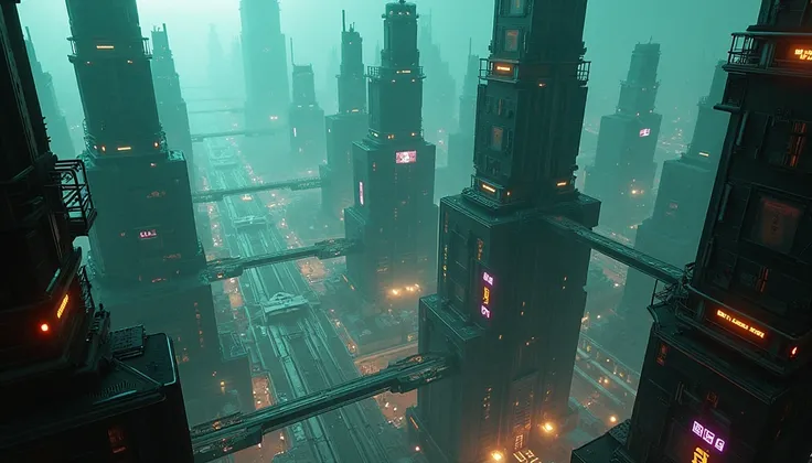 Create a futuristic city with an isometric perspective. The city is cyberpunk style. Its night. Put a green color.