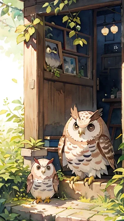  owl under guard:1.5、  cute little  、  Big Eye、  fluffy fur  、 Im about to embark on a trip.、I cant leave 、watercolor、