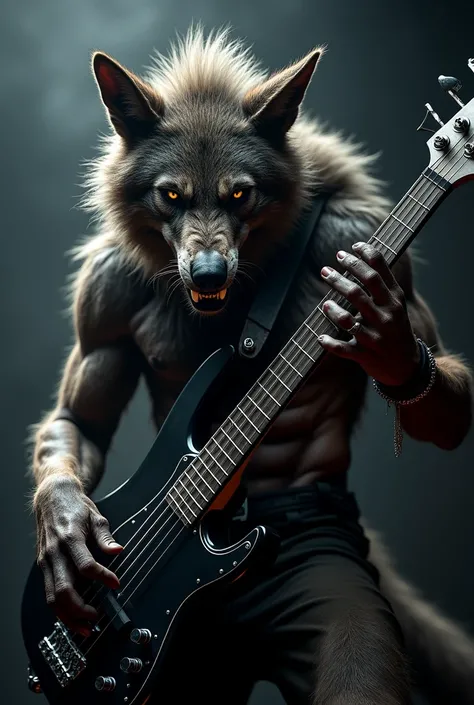 Werewolf seen from the front with an earring hanging from his ear playing a black Bass BC Rich with four strings 