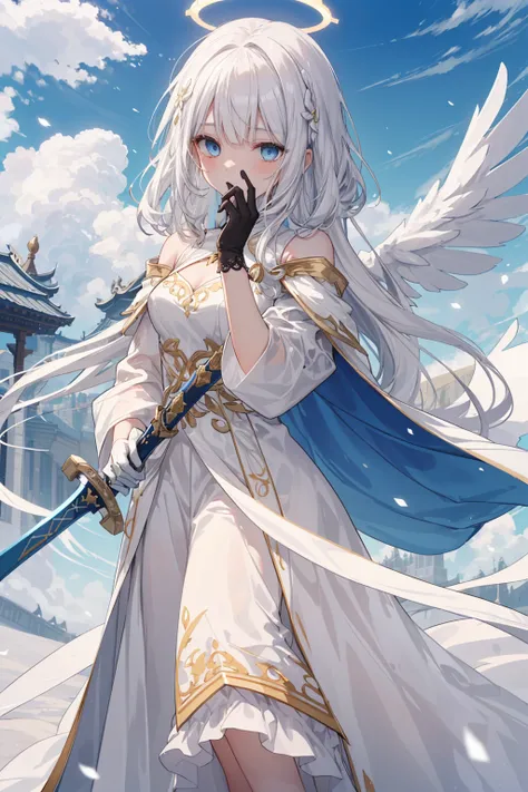   and tall and erect  ，  She is long,  her flowing white hair fell like silk  。   she held it in her hands The two swords and the azure blue eyes attracted the audiences attention ，,   her bangs gently covered her face 。She wears a flowing white dress， the...