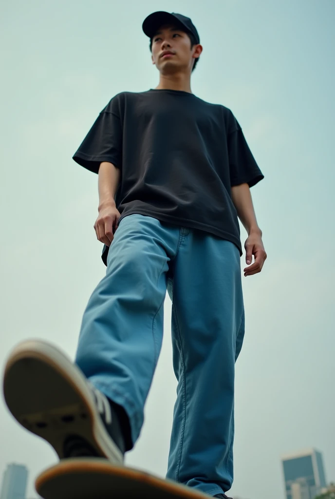 "A Korean college man is being photographed with his foot on a skateboard, wearing baggy blue pants and a black shirt, wearing plain black cap, in a realistic, his chest and foot pov only