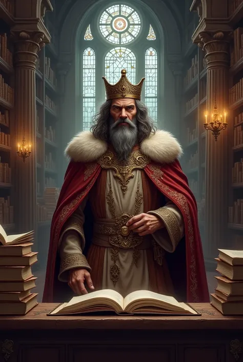 create a logo, a king like Aragon in a library with a book