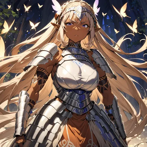 Anime, high detailed, 1 woman, mature woman, fairy woman, elf ears, extremely long alburn hair, tanned skin, curvy body, big Breasts, tribal armor, tribal warrior armor, ornamented headband, skirt, narrowed eyes, serious, butterflys wings, 