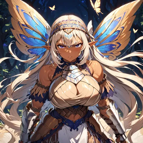 Anime, high detailed, 1 woman, mature woman, fairy woman, elf ears, extremely long alburn hair, tanned skin, curvy body, big Breasts, tribal armor, tribal warrior armor, ornamented headband, skirt, narrowed eyes, serious, butterflys wings, 