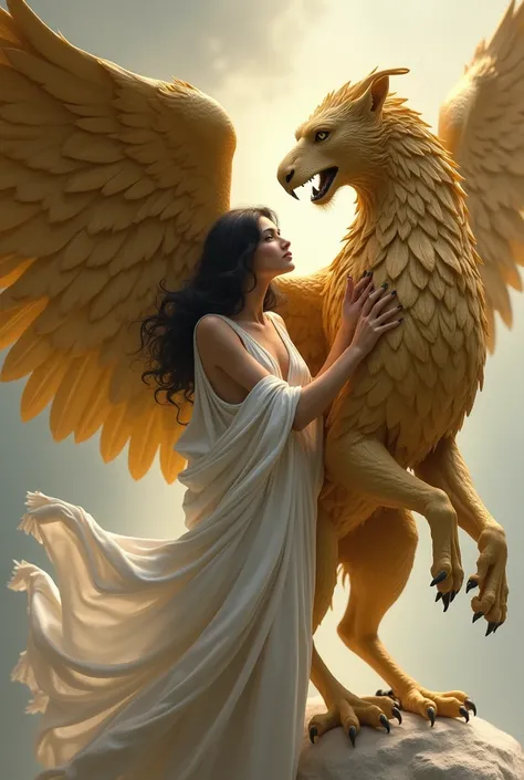 It generates an animal gold griffin looking from the front with one leg forward and the other back and its wings extended it generates a woman dressed in a white himation with wavy black hair that is farther behind the animal than she is floating with lovi...