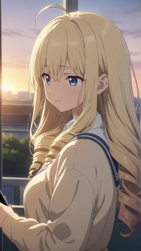 Solo, a woman, upper body, blonde, Long Hair, Drill Hair, Ahoge, blue eyes, slant eyes, narrow eyes, open beige-color cardigan, school uniform, sleeves past wrists, View smartphone, in the classroom background, at dusk, at sunset, anime, best quality, mast...