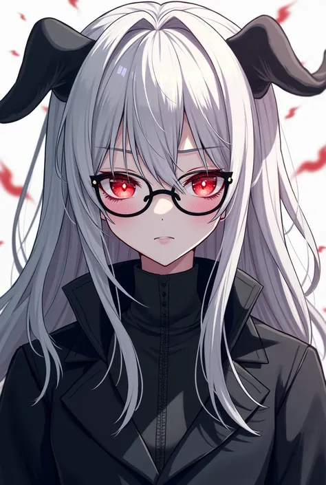 Image of a very Japanese-style Khartoum anime,  Gamer style , vampires, long white hair, black coat clothes, for profile picture, serious-looking, Loli red-eye style, with glasses.