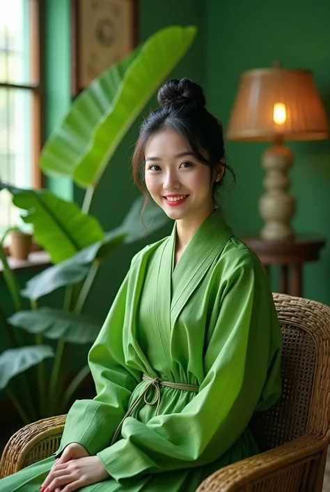 super realistic high resolution 16k photo, full banana leaf themed photo, 30 year old beautiful Korean woman, bun hair, wearing bright green banana leaf clothes full body, the woman smiles at the camera, sitting on a bright green banana leaf chair, the roo...