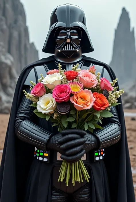 Darth Vader with a bouquet of flowers and oreo