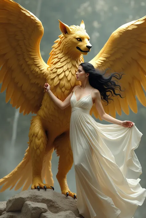 It generates an animal gold griffin looking from the front with one leg forward and the other back and its wings extended it generates a woman dressed in a white himation with wavy black hair that is farther behind the animal than she is floating with lovi...