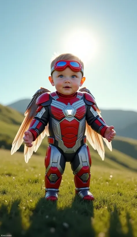 A realistic image of a human baby boy dressed as Falcon, standing on a grassy hill with a clear blue sky in the background. The baby is wearing a tiny version of Falcon’s iconic red, white, and silver suit, complete with a miniature pair of mechanical wing...