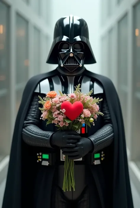 Darth Vader with a bouquet of flowers and a heart