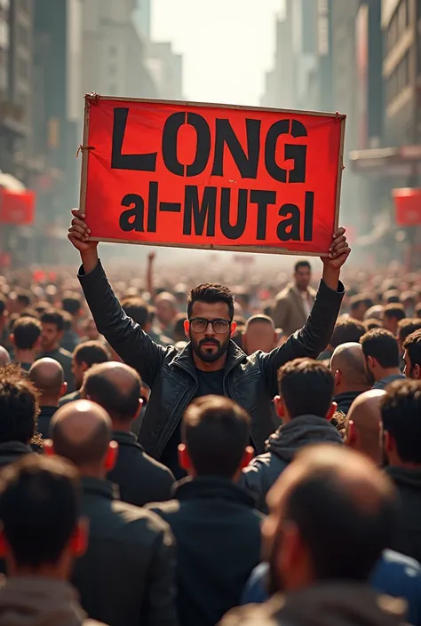 I want a picture of a mass male demonstration holding a paper that says Long Al-Mutal 