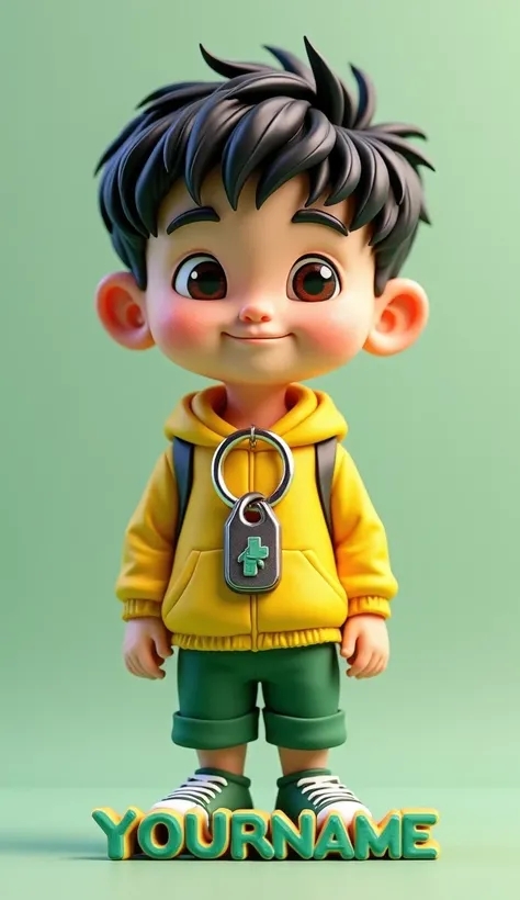 3D caricature of a boy, key chain. High-quality realistic photo, and there is the name "YOURNAME" in 3D letter style, embossed and realistic, in green yellow, indium white and black, Looking at viewer, 