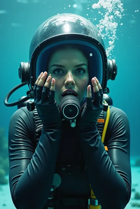 Sexy  girl (wearing wet  skin tight hazmatsuit connected to her glassed helmet), underwater  Antarcticas  iced surface, surprised puts her hands in her glassed helmet and because she cant breathe screams And because of that shes drowning and  looking at  h...