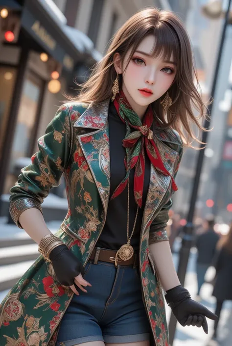 cool beauty wearing Christmas tree long coat with gorgeous Christmas decorations, like a fashion model, ultra detailed, absolutely resolution, masterpiece