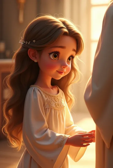 Girl with long wavy light brown hair,  brown eyes, Making First Communion with Jesus of Nazareth Pixar