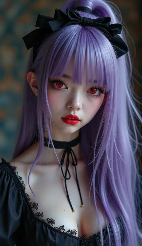 (Sexy girl, cutie, disheveled black bangs, very long straight hair, high ponytail with ribbon, platinum with purple tint hair purple hair color, bows in the hair on the sides, bright red eyes, red glossy lipstick, eyeliner, eye shadow, detailed makeup, pal...