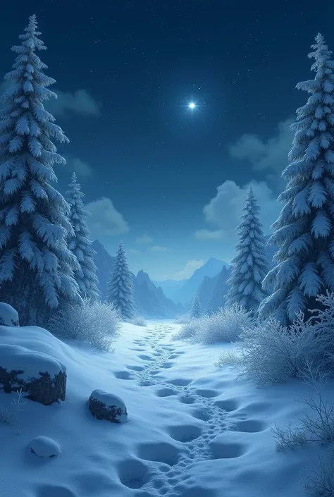 a mysterious snowy landscape under a starry night sky, glowing with ethereal light, mysterious creature footprints in the snow, fantastical and whimsical art style, 8k, highly detailed, ultra-realistic, cinematic lighting, muted color palette, volumetric l...