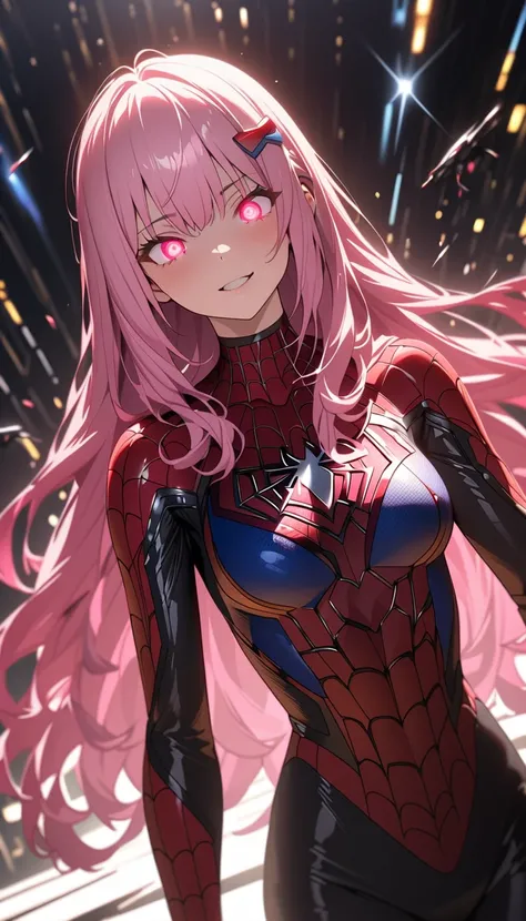 (、 masterpiece 、 High resolution、Detailed), BREAK,( glowing eyes 、Detailed美しい顔)､beautiful anime、 Pink hair, long hair, Brushed single-sided hair clip Modern cinema lighting,  formal Spiderman costume with ray tracing  , shadow cast wide UHD plane ,Rough sk...