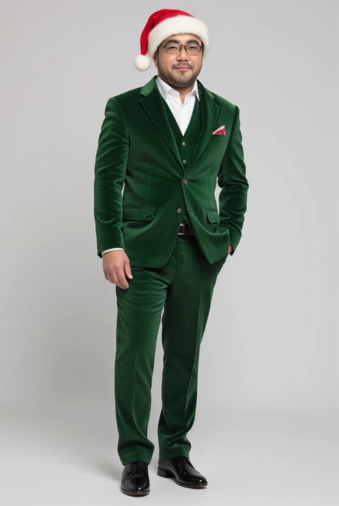  Christmas,  Green Velvet Suit,  Goulds Jewels,  Slim Fit , Center Button , Santa hat, Thick gloves,  Confident Look ,  simple background