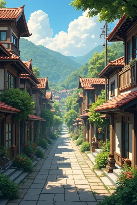 Create a neighborhood that looks peaceful, that looks half old and real.