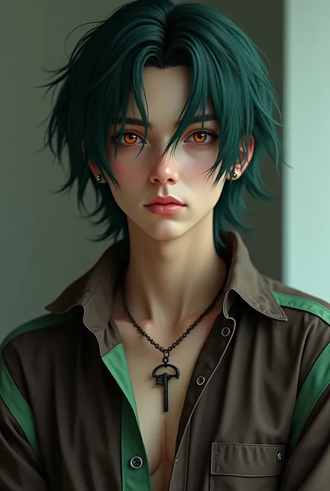  Attractive 23-year-old boy , Emo is he has shoulder-length hair between dark green and dark blue, his eyes are reddish orange ,  and he has a serious expression on his face ,  he has two piercings in his lower right lip ,  he wears a medium necklace aroun...