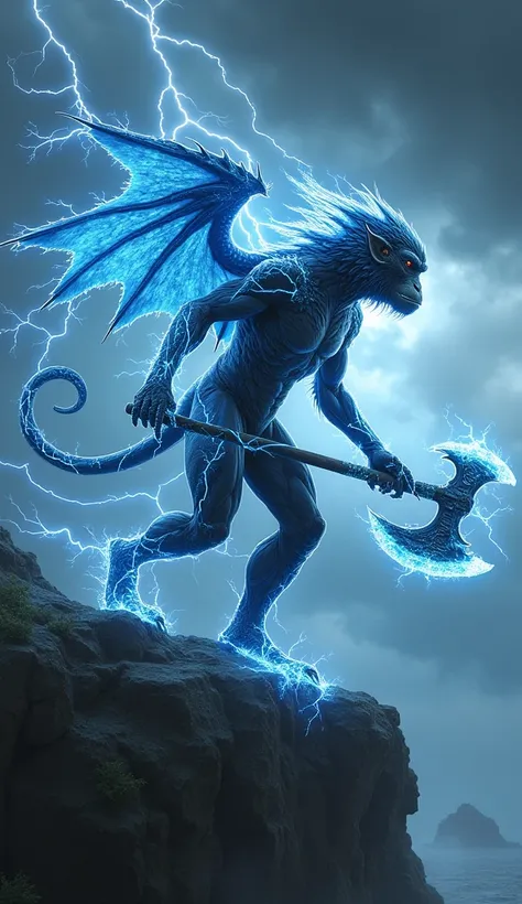 create 32k ultra-realistic masterpiece of a fully mutated and evolved hybrid fusion in human form of a Monkey, a Howling Lightning Dragon, and Stormbreaker as a costume. The hybrid has a lean, agile humanoid body with monkey-like dexterity and glowing ligh...