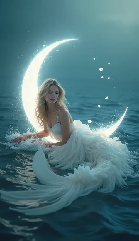 A mermaid with the power of white cotton ,  is leaning sideways on a glowing crescent moon in the ocean