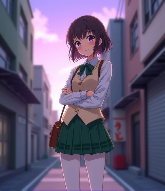 A 19-year-old anime lady, style To Love Ru ,  standing at the end of an alley in the city of Tokyo during a beautiful afternoon with purple sky,   measures 1 . 69 cm high , its measurements: B 55,  W 35 , H 70,  She has short dark brown hair ,  her eyes ar...