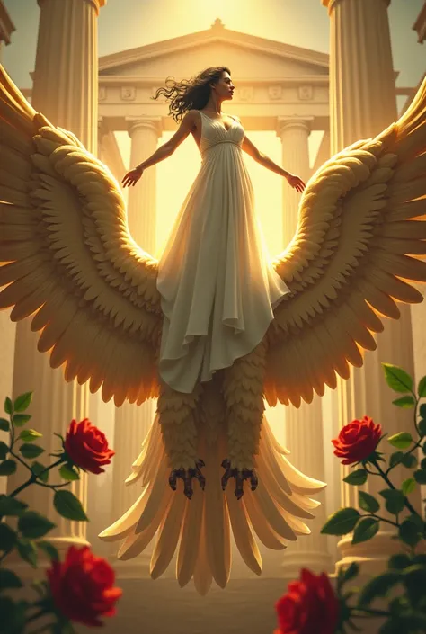 It generates an animal gold griffin looking from the front with one leg forward and the other back and its wings extended, it generates an angelic woman dressed in a white himation with wavy black hair that is further behind the animal than she is suspende...