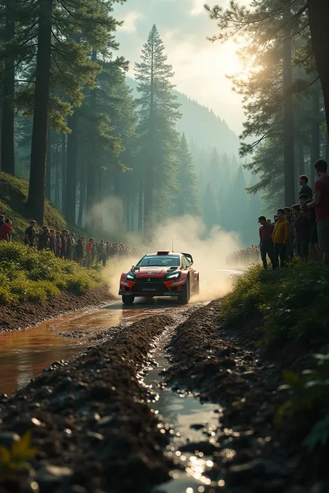 Create a cinematic image using Seaart, High Details, Best Quality, High Resolution.  Depict a thrilling rally race scene set in a sun-drenched forest, with a dramatic, overcast sky threatening rain.  Muddy tracks wind through the trees, with a rally car sp...