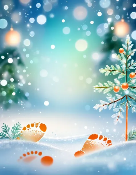 (Footprints in Snow), "Merry Christmas", beautiful image with snowflakes and Blurred lights, bokeh art with snowflake, winter colors, pale greenish blue and whitish orange gradient background, shallow focus. Merry Christmas greetings with fir branches and ...