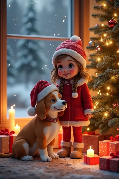 Christmas season.a girl near the christsmas tree.there is her puppy.they wear christmas hats.snowy weather.gifts under the christmas tree.candles lightining