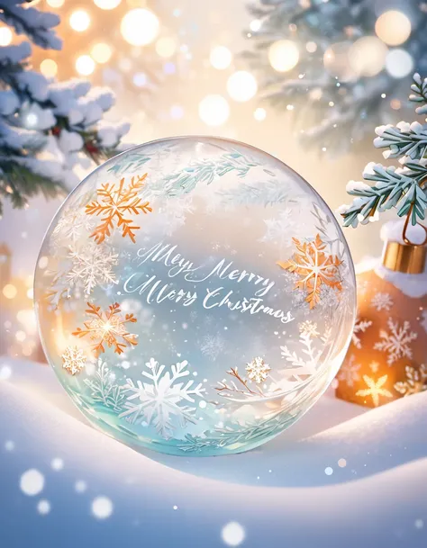 (Footprints in Snow), "Merry Christmas", beautiful image with snowflakes and Blurred lights, bokeh art with snowflake, winter colors, pale greenish blue and whitish orange gradient background, shallow focus. Merry Christmas greetings with fir branches and ...