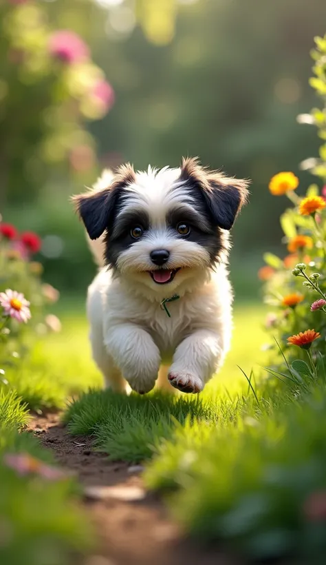 Cute white and black dog sludge, grass ,garden,sludge