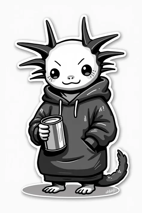 Black and white sticker drawing of an axolotl wearing a sweatshirt and with one of his hands grilled with a can of paint