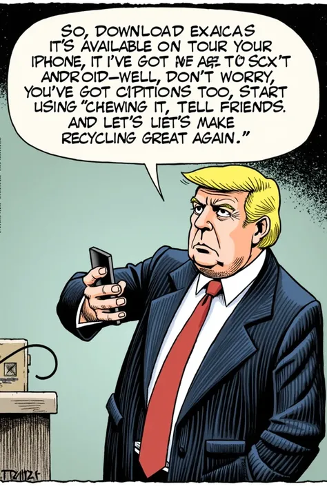 "Trump Gestures towards the phone,

“So, download Scrap Maps today. It’s available on your iPhone. If you’ve got an Android—well, don’t worry, you’ve got options too. Start using it, tell your friends, and let’s make recycling great again.