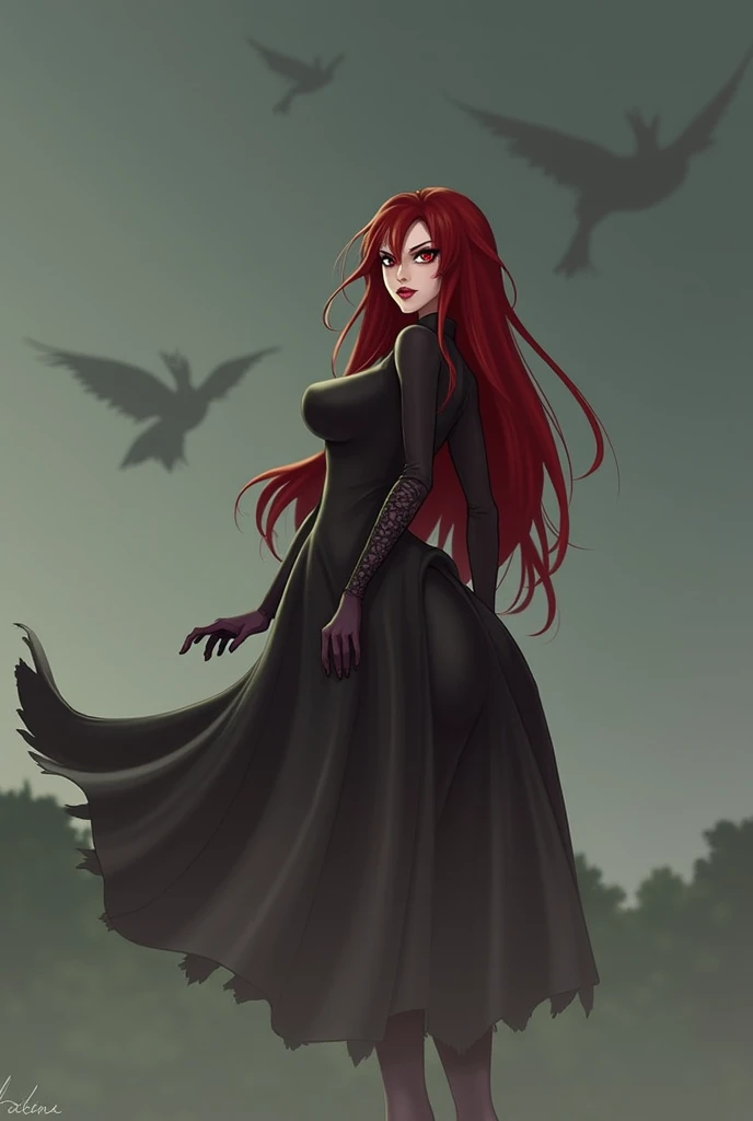 An adult woman with a mischievous and evil look,  long hair , plain and loose scarlet color with some black highlights and red eyes, She has very large breasts and also large buttocks, She always wears a normal dress with a wide skirt..  animated