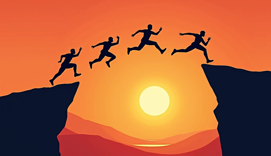 Happy New Year 2025, Inspiration and progress towards new success. Silhouettes of human jumping over cliff towards finish line with text new year 2025 on sunset