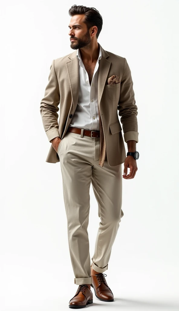 ( top quality,  Masterpiece  :1.3, super high resolution,),( Ultra Details, caustics ),(Photorealistic 4k） A man is wearing a linen jacket and a shirt. The shirt is open to the second button from the top. He is wearing linen trousers. Brown leather shoes. ...