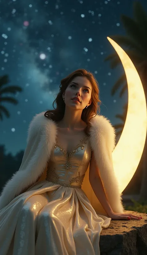  Snow White leaning on a bright crescent,  Snow White wearing a long shiny dress , fur-covered outfit  