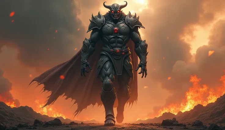  Apocalypse the comic book villain, a terrifying figure ,  walking across a burning landscape.  Your voice echoes like thunder .