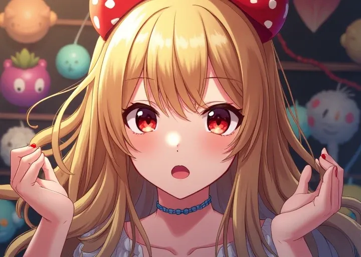  High resolution , 1 ,  looking at the viewer,  Long hair,  blonde hair ,  Open mouth, fringe,  red eyes, Hair bow, toys, 