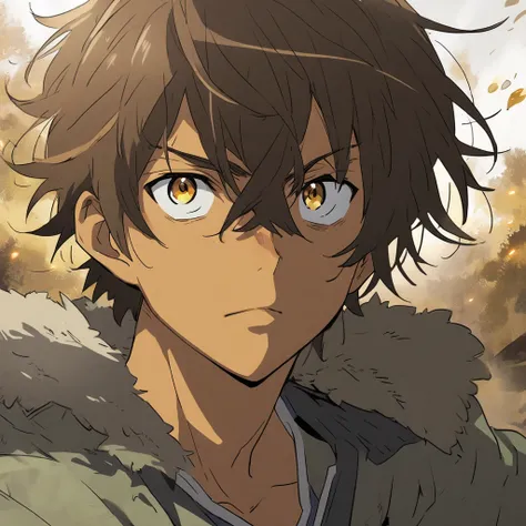 Anime man with short, shaggy brown hair, golden eyes and tan skin