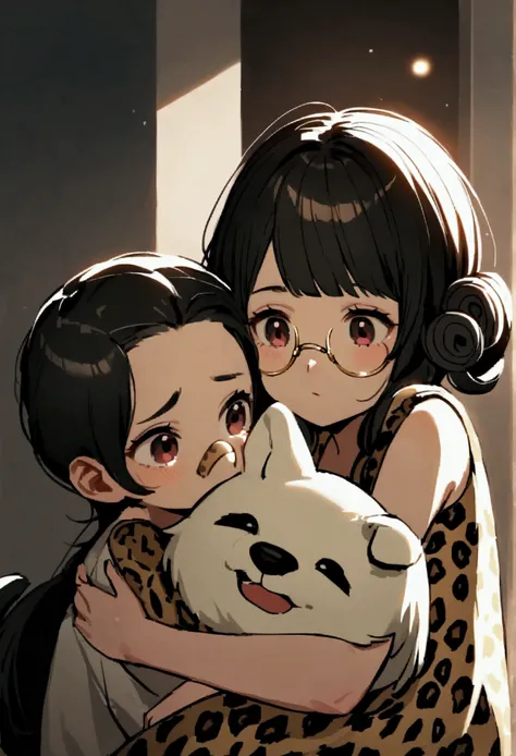 man ( black hair, white teas,  with a hoop on her nose , con remera black) with a girl (by the ruby, limp, without bangs,  with a hoop on her nose ,  wearing a leopard dress)  hugging a dog  (black, with curlers, small size, with a white snout )