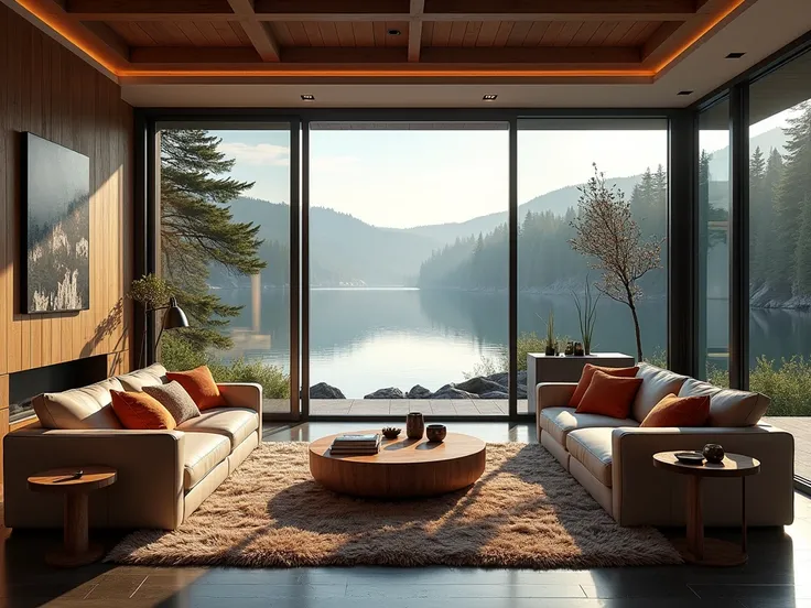 living room with a lake view