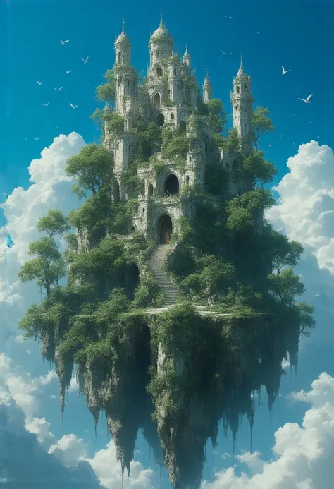 A floating ancient city in the sky,inspired by Laputa from Castle in the Sky,with lush greenery and majestic architecture.A robot guardian stands watch over the city,showcasing intricate details and a serene atmosphere,bright blue skies and soft clouds sur...